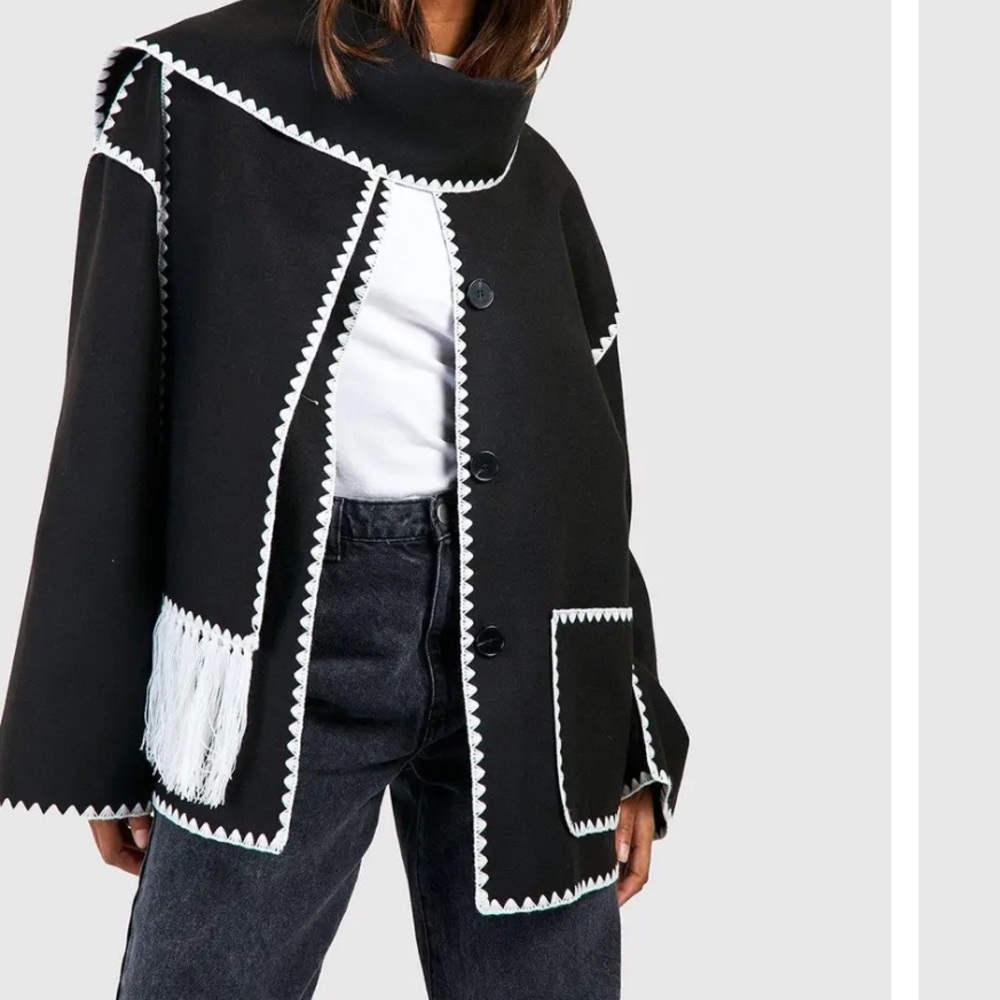 NWOT chic Black Jacket with White Trim coat with scarf